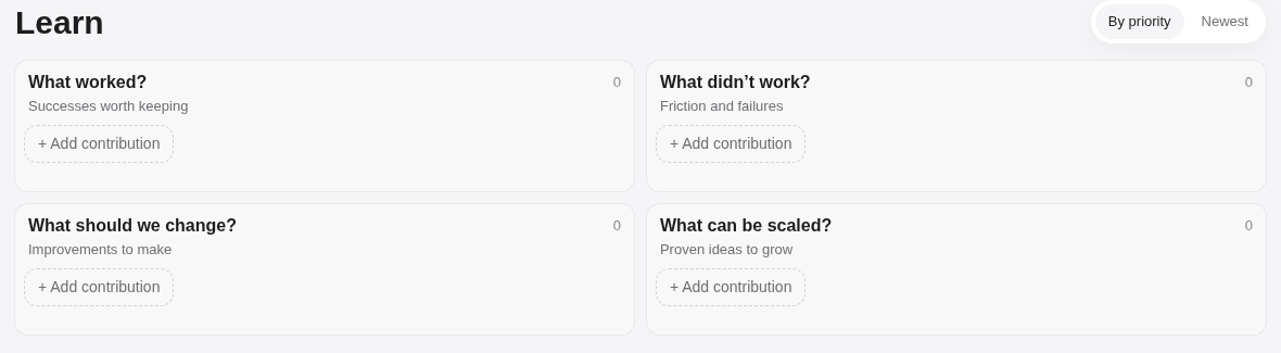 Mr. Workwick’s real contribution board with four empty idea buckets